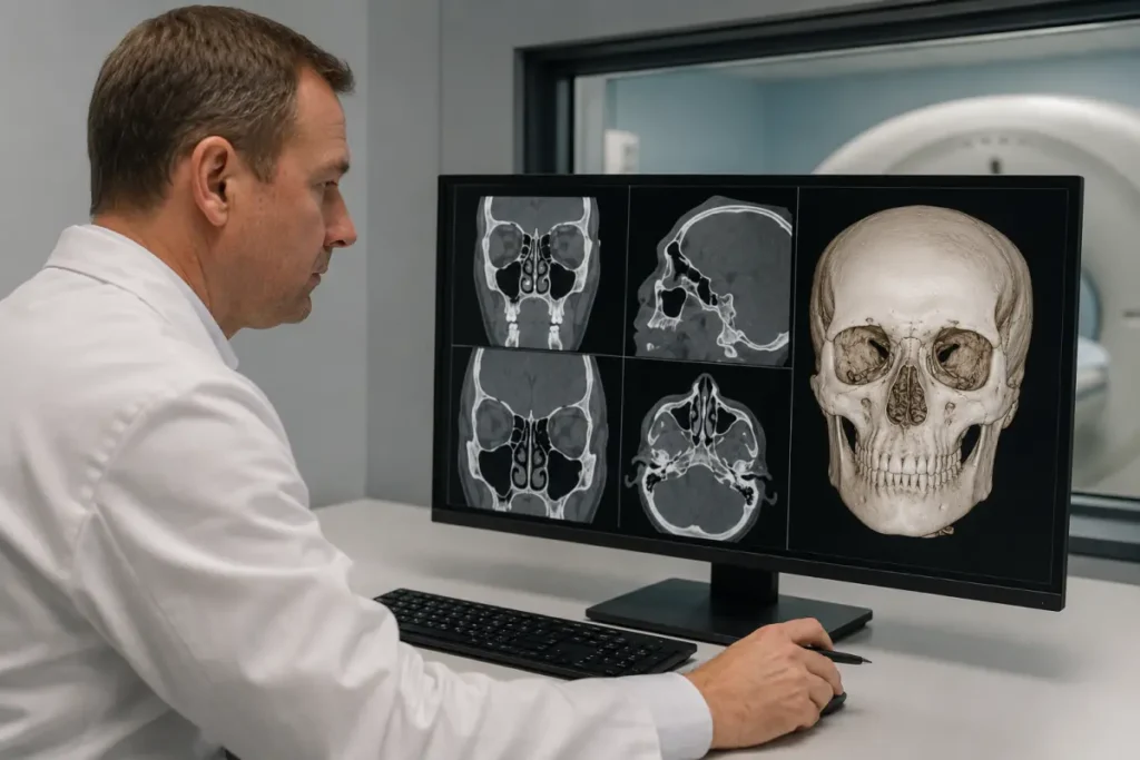 Лікар аналізує КТ-знімки та 3D-реконструкцію кісток лицевого черепа